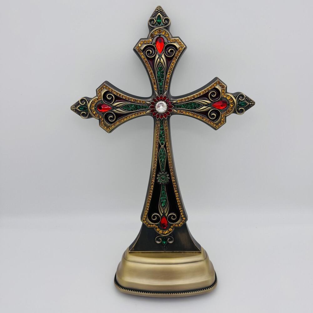 Royal Limited Jeweled Cross Tabletop Statue Gold Red Green Christian Decor New